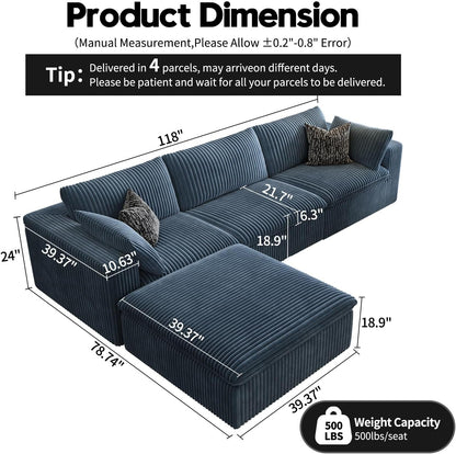 118" Cloud Couch Modular Sectional Sofa for Living Room,Modern Sofa with Deep Seat，L-Shape Boneless Couch with Ottoman,Comfy Upholstered Corduroy Couches for Apartment, Studio, Office,Bedroom，Blue