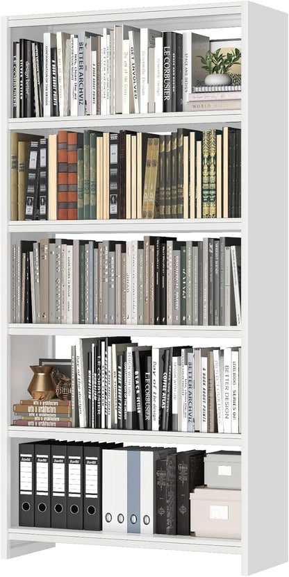 69" Tall Bookcase, 5-Tier Wide Bookshelf, Library Book Case with Display Shelf, Lightweight Metal Bookshelves, Industrial Book Shelf for Home, Office, Library, and School (White)