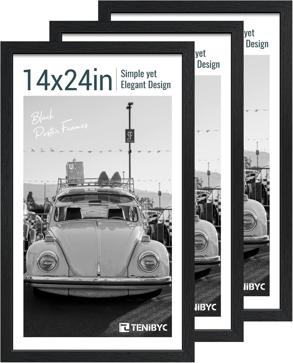 14x24 Poster Frame 3 Pack, Textured Black Solid Wood Gallery Picture Frame - Wall Hanging