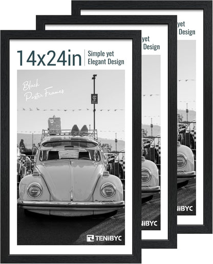 14x24 Poster Frame 3 Pack, Textured Black Solid Wood Gallery Picture Frame - Wall Hanging