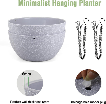 12 inch Large Hanging Planters for Indoor Outdoor Plants, 2 Pack Hanging Flower Pots with Drainage Holes and Chain for Garden Porch, Plastic Hanging Baskets for House Plants, Speckled Grey