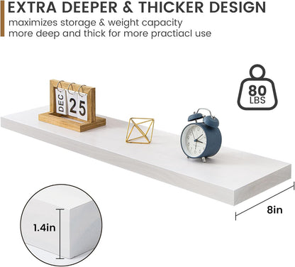 Floating Shelves 36 Inches Long - 8 Inch Deep Rustic Premium Solid Pine Wood for Storage - Farmhouse Wall Mounted for Living Room - Heavy-Duty Metal Bracket - 36" W x 8" D - Set of 2 - White Color