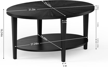 Solid Wood Oval Coffee Table for Living Room, 2 Tier Oval Rustic Coffee Table with Storage Shelf, Double Layer Center Table for Living Room, Easy Assembly