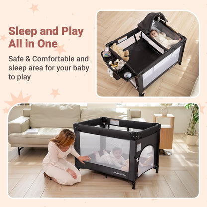 ELEMARA 5 in 1 Pack and Play, Adjustable Baby Bedside Bassinet Sleeper,1-Second Setup Foldable Playard from Newborn to Toddles,Bedside Crib with Changing Table,Portable Travel Bassinet,Ziper Door,Gray