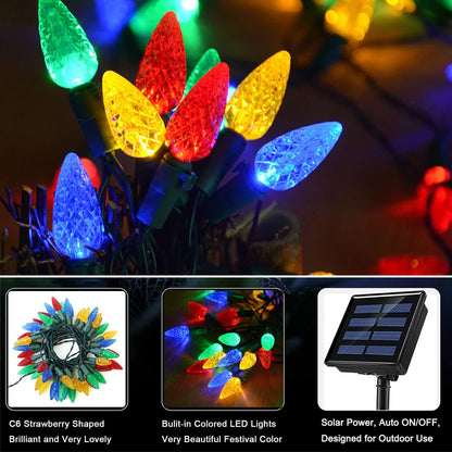 HUGSVIK 39Ft 100 LED Solar Christmas Lights Outdoor, 8 Modes C6 Strawberry Lights, Waterproof Outdoor Christmas String Lights for Xmas Tree, Holiday, Garden, Patio, Arbor Decor