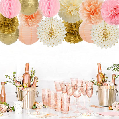 Pink Peach Gold Party Decorations - 14pcs Bridal Baby Shower Girls Birthday Paper Lanterns Fan,Tissue Pom Poms Streamers,Honeycomb Balls,Engagement Wedding Bachelorette Brunch Decor Lasting Surprise