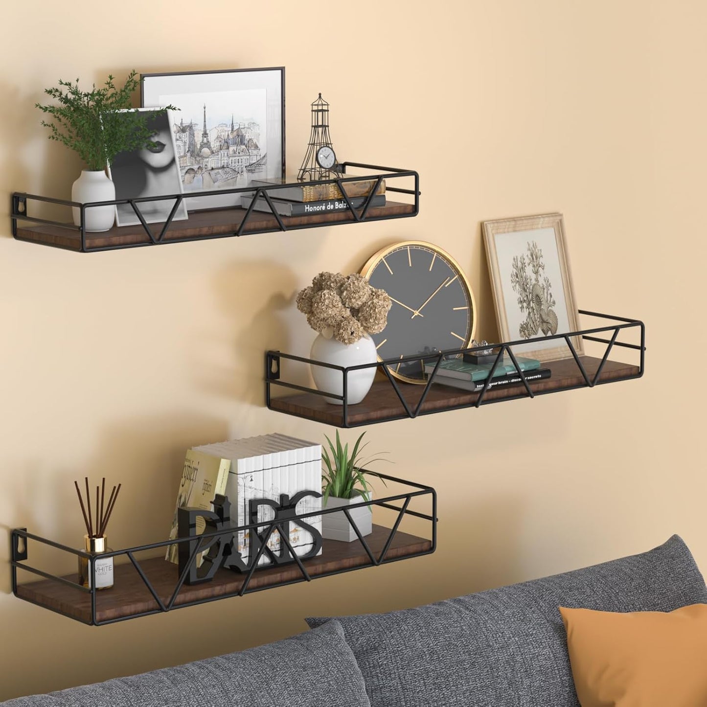 Floating Shelves Set of 3, Home Wood Wall Shelf, Farmhouse Shelf for Bedroom, Wall Mounted Floating Shelf for Living Room, Bedroom, Bathroom, Kitchen, Office (Black)