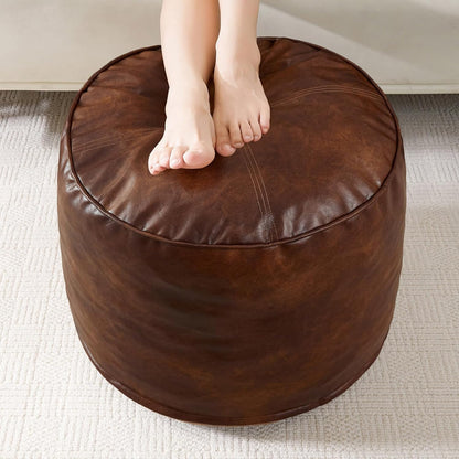 HIGOGOGO Round Stuffed Pouf Ottoman, Pu Leather Poufs with Foam Chunk Filling, Furry and Fluffy Pouf Foot Stool Storage Ottoman, 20 X 15 Floor Poufs Foot Rest for Living Room,Dark Brown