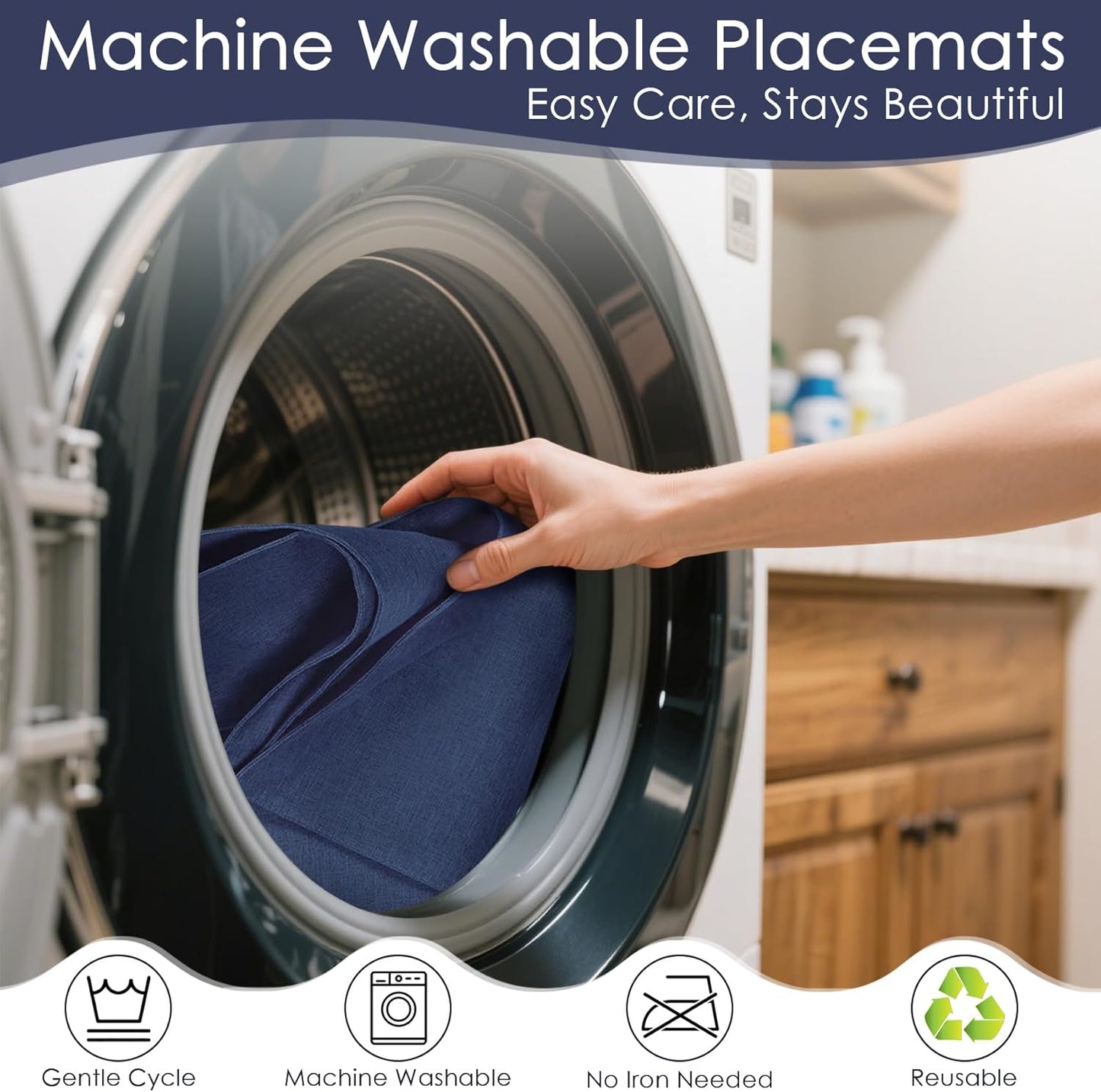 MANSPHIL Navy Blue Cloth Placemats Set of 4, Washable Thick Faux Linen Place Mats Heat Resistant Double Layer Table Mats for Dining Kitchen Indoor Outdoor Use - 13x19 Inch