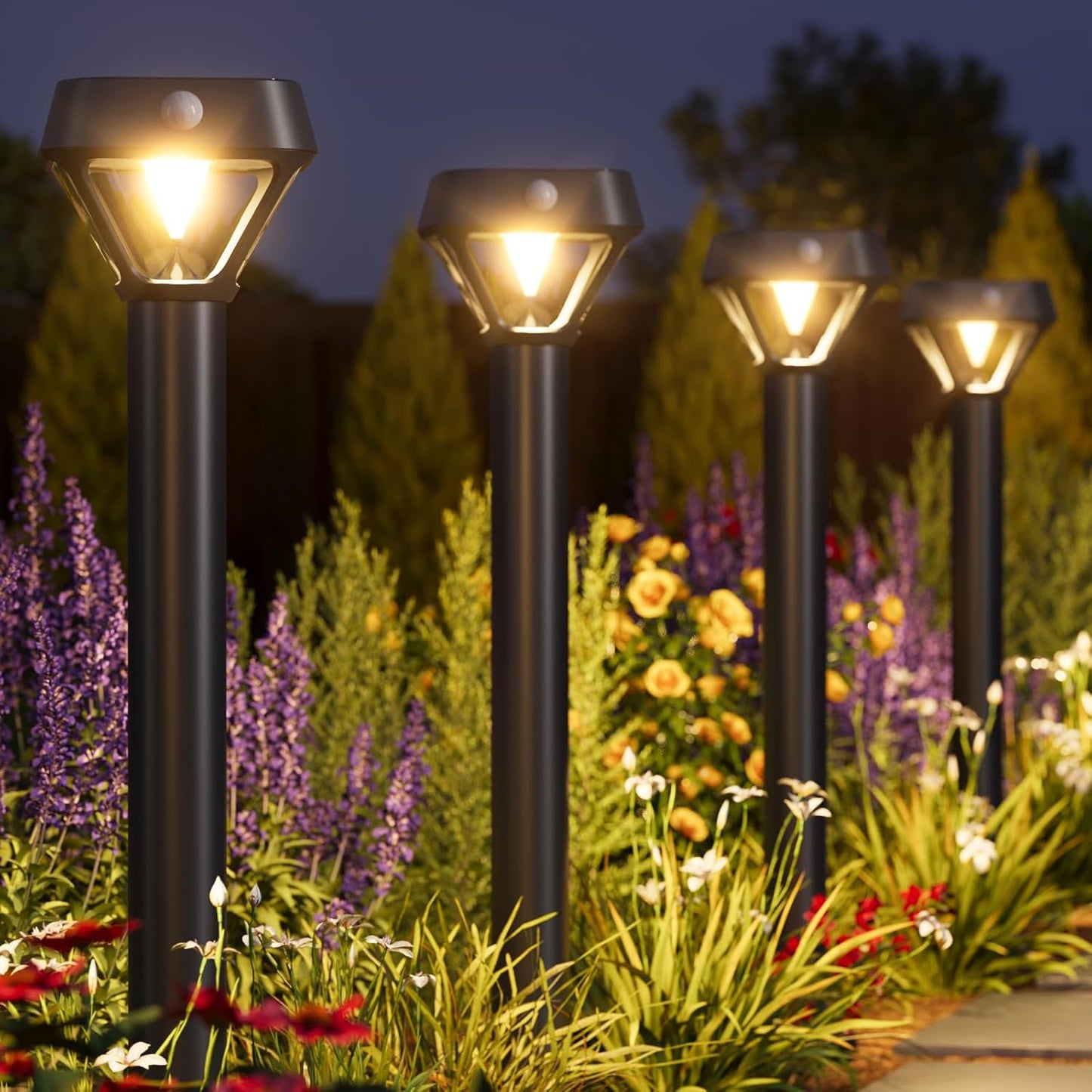 XMCOSY+ Smart Solar Lights Outdoor with Motion Sensor, 150LM APP Control RGBCW Color Changing Garden Lights Solar Powered for Yard Pathway Landscape, Waterproof, 2 Pack