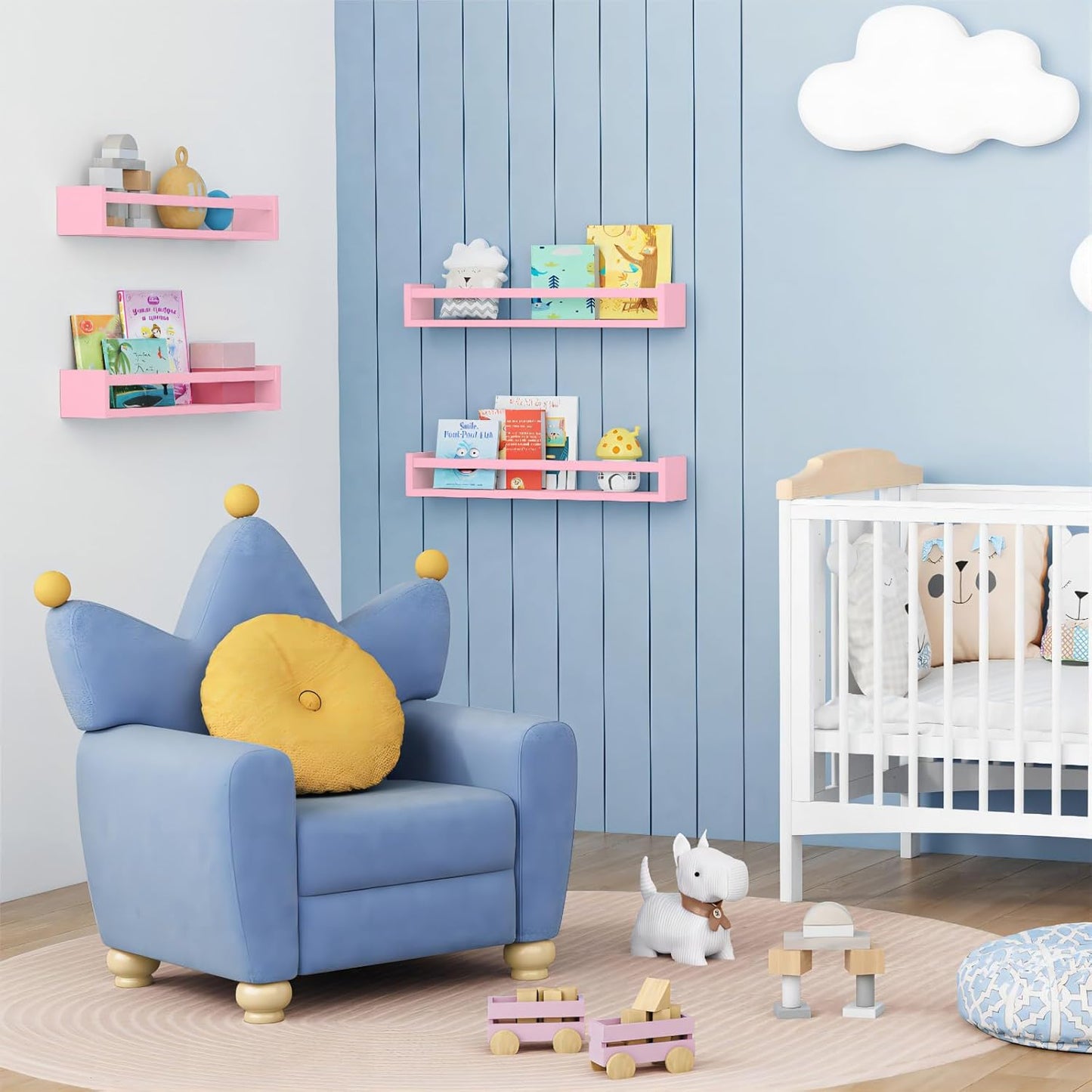 Forbena Large Pink Kids Book Shelves for Girls Room Wall Set of 4, Floating Nursery Book Shelf for Baby Girl Deocr, 24 Inches Long Wall Mounted Bookshelf for Toddler Kid Child Teens Bedroom (Pink)