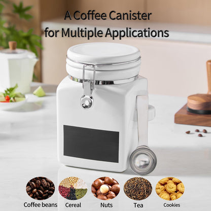 Ceramic Coffee Canister with Airtight Lid and Scoop, Large 78 Fl Oz / 2.3 L Kitchen Food Storage Container Jar for Grounds Coffee, Beans, Tea, Sugar, Flour, Cereal, Nuts, Cookie, White