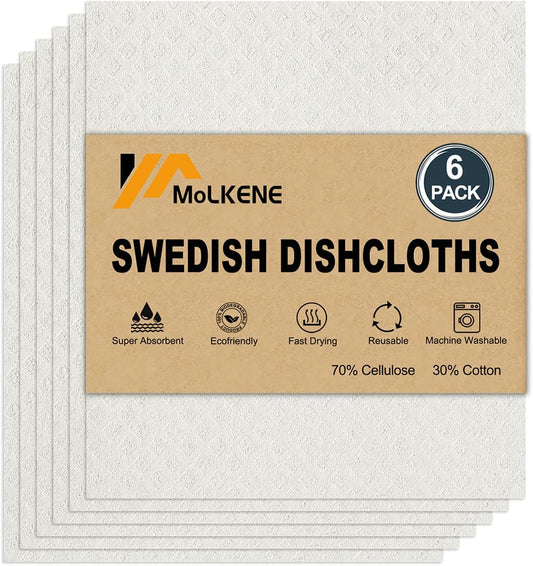Swedish Dishcloths for Kitchen | 6 Pack Absorbent Cellulose Sponge Cloths Washable | Non-Scratch