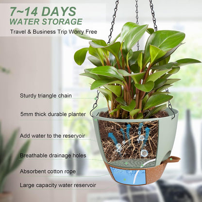 Hanging Planters for Indoor Outdoor Plants, 2 Pack Self Watering Hanging Pot with Drainage Holes & Removable Tray (Green, 8'')