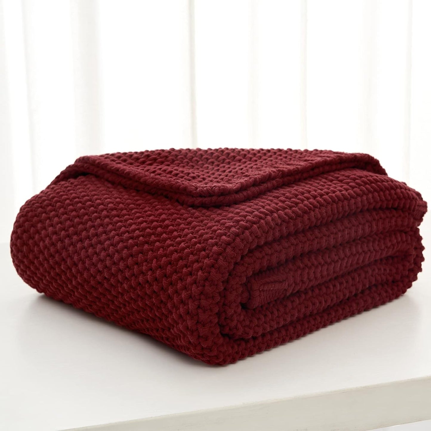 Chunky Cable Knit Throw Blanket Lightweight Wine red 100% Organic Cotton Blanket for Sofa Couch Bed Baby Nursery, Rustic Shabby Chic Modern Farmhouse, 60” x 80” Give Laundering Bag