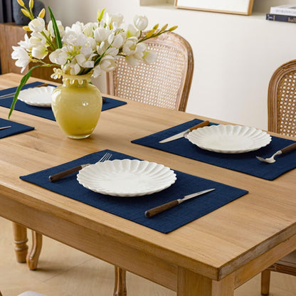 Placemats Set of 4, Bilayer Thickened Linen Place Mats Heat Resistant Machine Washable Wrinkle Free Carefully Selected Polyester Mats for Kitchen/Dining/Coffee Table (Navy Blue)