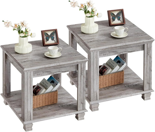 Farmhouse End Table Set of 2,Large Side Table with 2-Tier Storage Shelf,Rustic Wood End Tables for Living Room,Square Tea Table,Gray