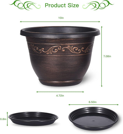 Plastic-Plant-Flower-Planters-10 Inch with Drainage Hole & Saucer, 3 Packs Lightweight Small Resin Flower Pot Indoor Outdoor, Retro Antique Imitation Decorative Garden Containers Sets for Houseplants