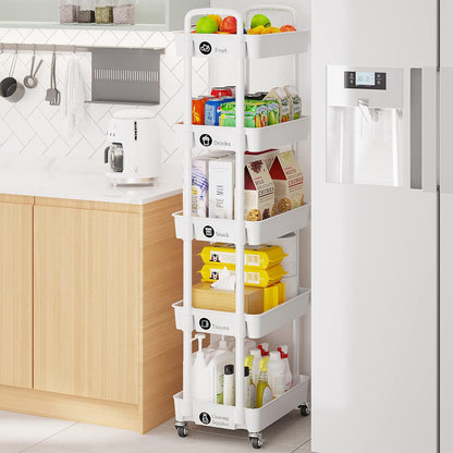 Laiensia 5-Tier Rolling Cart with Wheels,Multifunction Utility Storage carts, Kitchen Storage Organizer,Mobile Shelving Unit for Bathroom,Laundry,with Classified Stickers,White