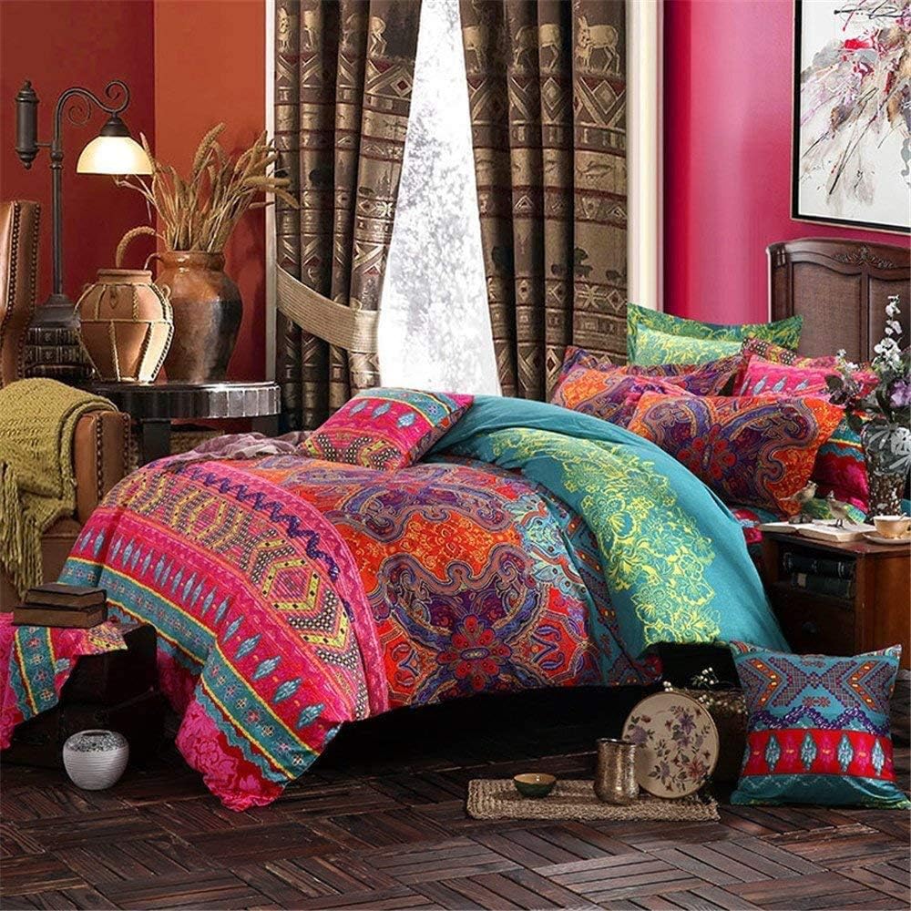 ABREEZE 3Pcs Bohemia Retro Bedding Ethnic Vintage Floral Duvet Cover Boho Bedding 100% Brushed Cotton Bedding Sets Damask Paisley Coloful Mandala Down Comforter Cover,Queen
