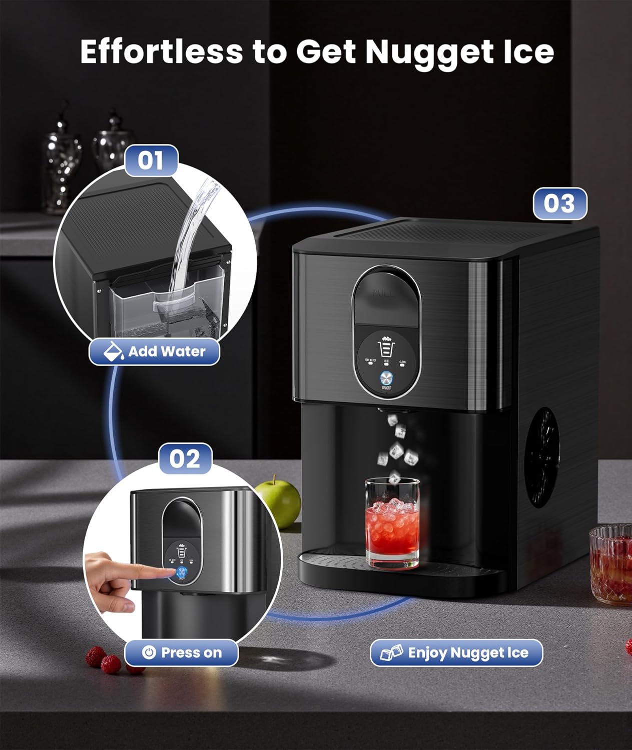 Nugget Ice Maker Countertop, 44lbs/24H Soft Chewable Pellet Ice Maker Machine Dispenser with Water Reservoir, Self-Cleaning, Pebble Ice Machine for Home Kitchen, Office, Black Stainless