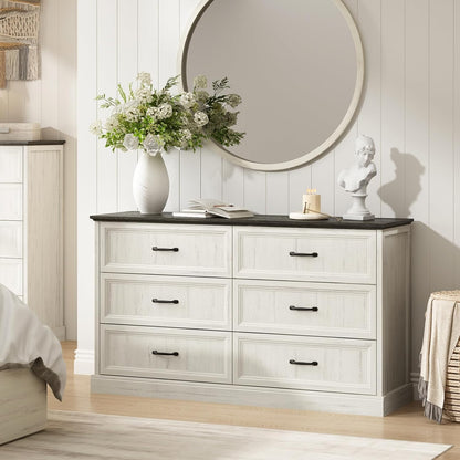 Farmhouse 6 Drawer Dresser for Bedroom, 55 Inch Wide Modern White Dresser TV Stand with Large Drawers & Bar Handles, Rustic Wood Chest of Drawers for Bedroom, Living Room, Hallway, Entryway.