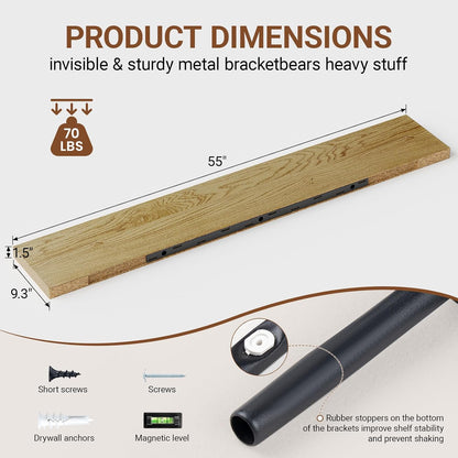 Heimlove 55 Inch Long Floating Shelves for Wall,9.3" Deep Oak Floating Shelves Set of 2,Large Display Shelf & Storage Shelf,Wall Mounted Shelves for Bedroom Living Room Kitchen Office