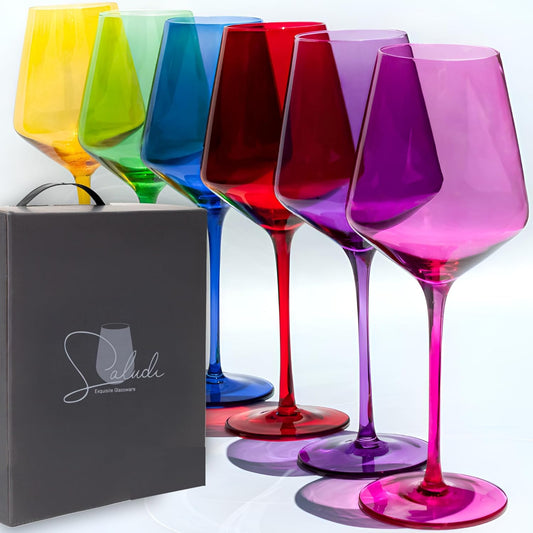 Saludi Colored Wine Glasses, 16.5oz (Set of 6) Stemmed Frida-Color Glass - Great for all Wine Types