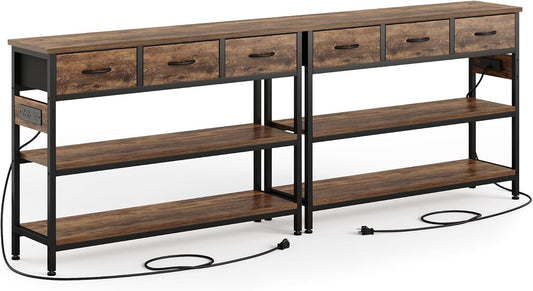 Lulive 2 Pack Entryway Tables with Power Outlets, Console Table with 3 Fabric Drawers, Sofa Table
