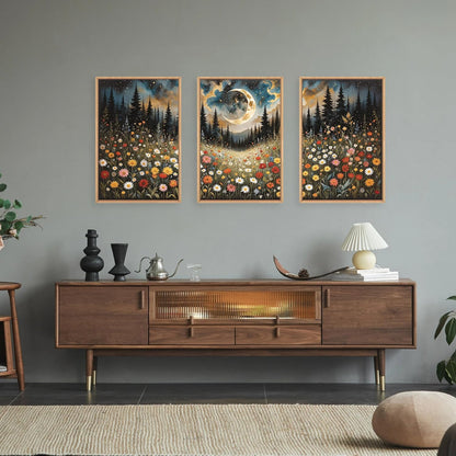 HPINUB Wildflower Moon Pine Tree Framed Canvas Wall Art Set,Nature Forest Wall Decor,Mystical Starry Night Artwork Rustic Mountain Landscape Art Print for Living Room,Bedroom,Office-24 x36 x3