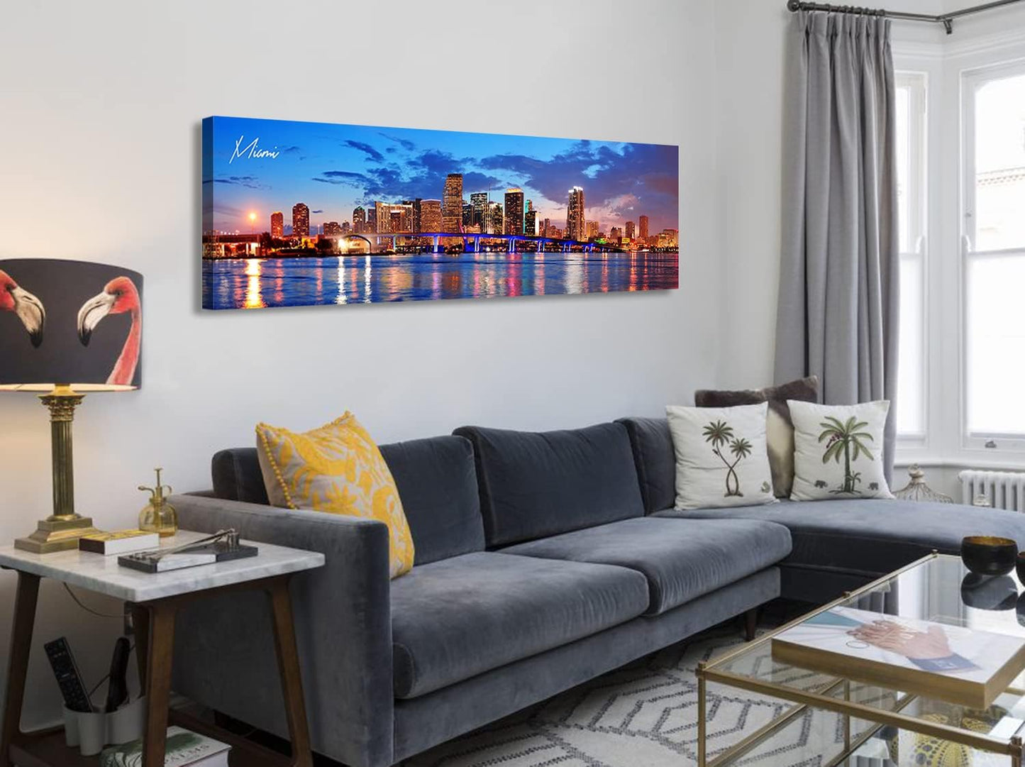 Office Wall Decor Miami Skyline Wall Art Panoramic Cityscape Picture Modern USA City Night View Canvas Prints for Bedroom Living Room Home Decoration Stretched and Framed Ready to Hang 13.8"x45.3"