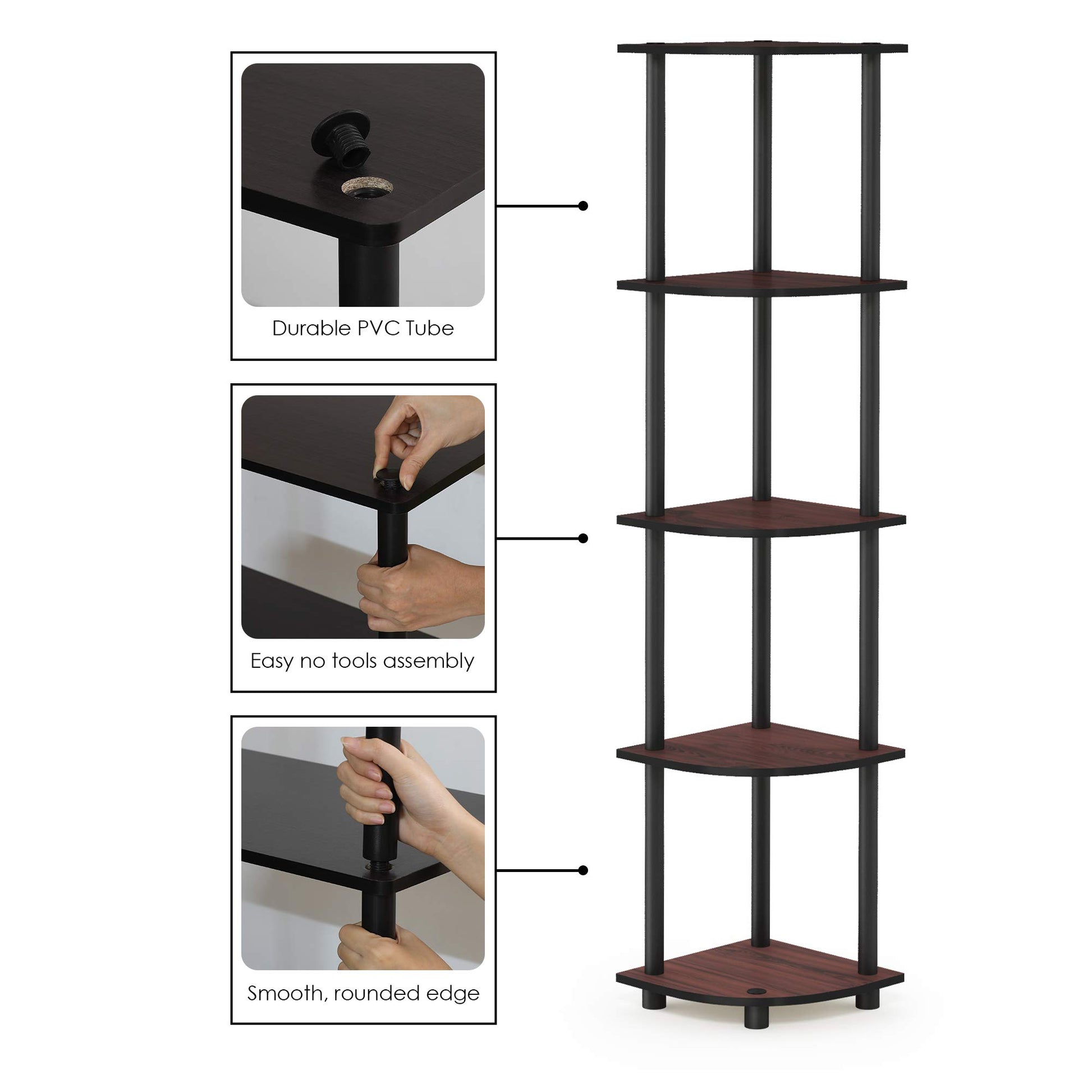 Furinno TURN-N-TUBE Corner Shelf, 5-Tier Corner Bookshelf, Open Storage Shelves, for Organization