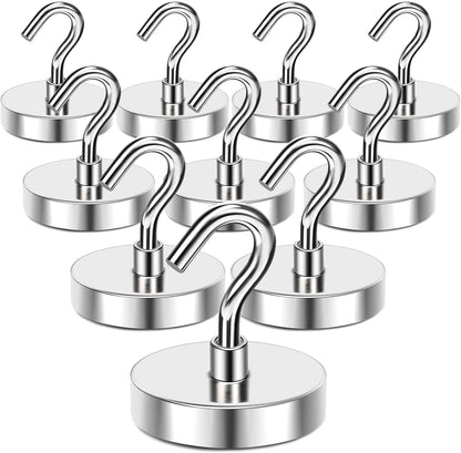 MIKEDE Magnetic Hooks Heavy Duty, 150LB+ Strong Neodymium Magnets with Hooks for Refrigerator, Large Magnetic Hooks with Epoxy Coating for Hanging, Home, Workplace - 10 Pack