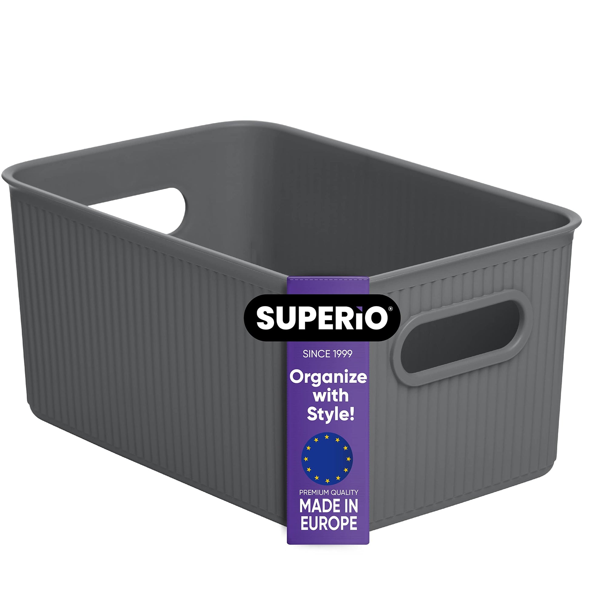 Superio Ribbed Collection - Decorative Plastic Basket Open Home Storage Bins Organizer, Medium Grey