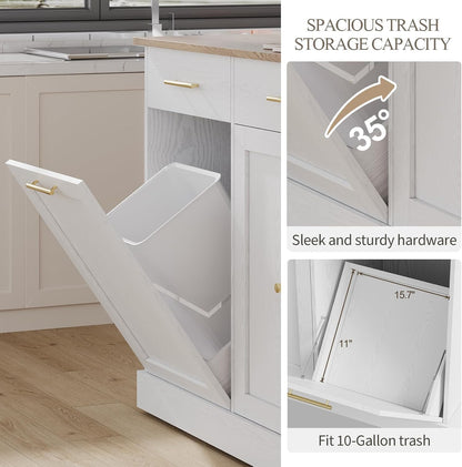 4 EVER WINNER Kitchen Island on Wheels with Storage,Rolling Kitchen Cart with Spice Rack & Towel Rack,Portable Island with Trash Can Storage,Mobile Islands for Dinning Room,White