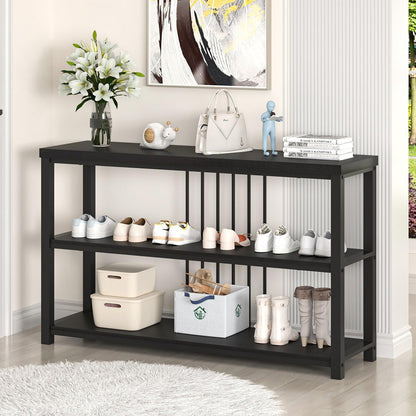 FOLUBAN Entryway Table, Modern Sofa Console Table with 3 Tier Storage Shelf for Living Room Hallway Foyer, Industrial Black Oak