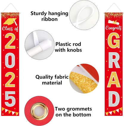 Graduation Decorations 2025 GRAD Banner Red Porch Door Sign Welcome Banner For Indoor Outdoor Wall Graduation Decorations Class of 2025