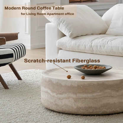 Faux Marble Coffee Table, Modern Round Coffee Table for Living Room, Circle Drum Coffee Side Tables, Fiberglass Center End Table for Small Place Apartment Office (35.43" Marble)