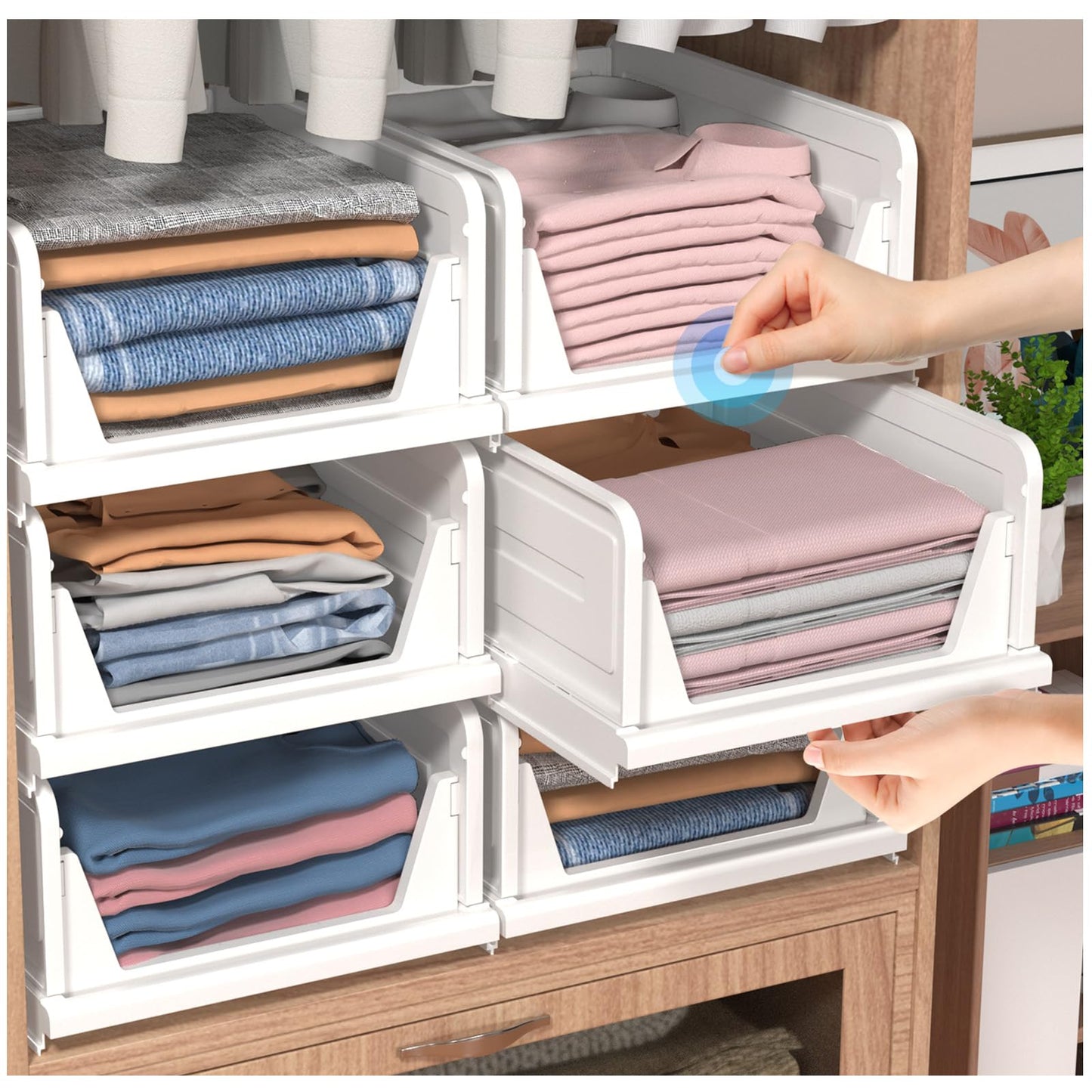6 Pack Folding Closet Organizers Storage Box, Stackable Storage Bins, Plastic Drawer Basket Closet