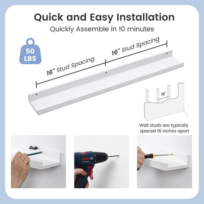 Picture Ledge Shelf for Wall, 36 inches Solid Pine Wood Nursery Book Shelves 3 Packs, Floating Ledge Shelves for Kids' Room Bedroom Bathroom Living Room Photo Frames Office Nursey Wall Decor, White