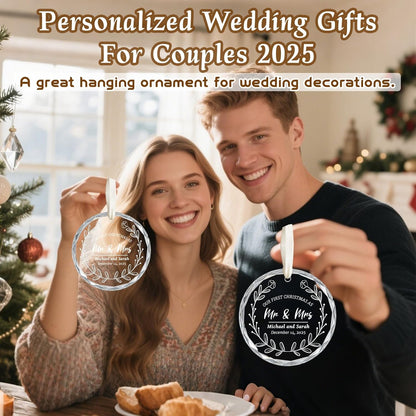 First Christmas Married Ornament 2025, Custom Wedding Crystal Glass Ornament with Photo, Name or Date, Personalized Wedding or Bridal Shower Gifts for Newlyweds