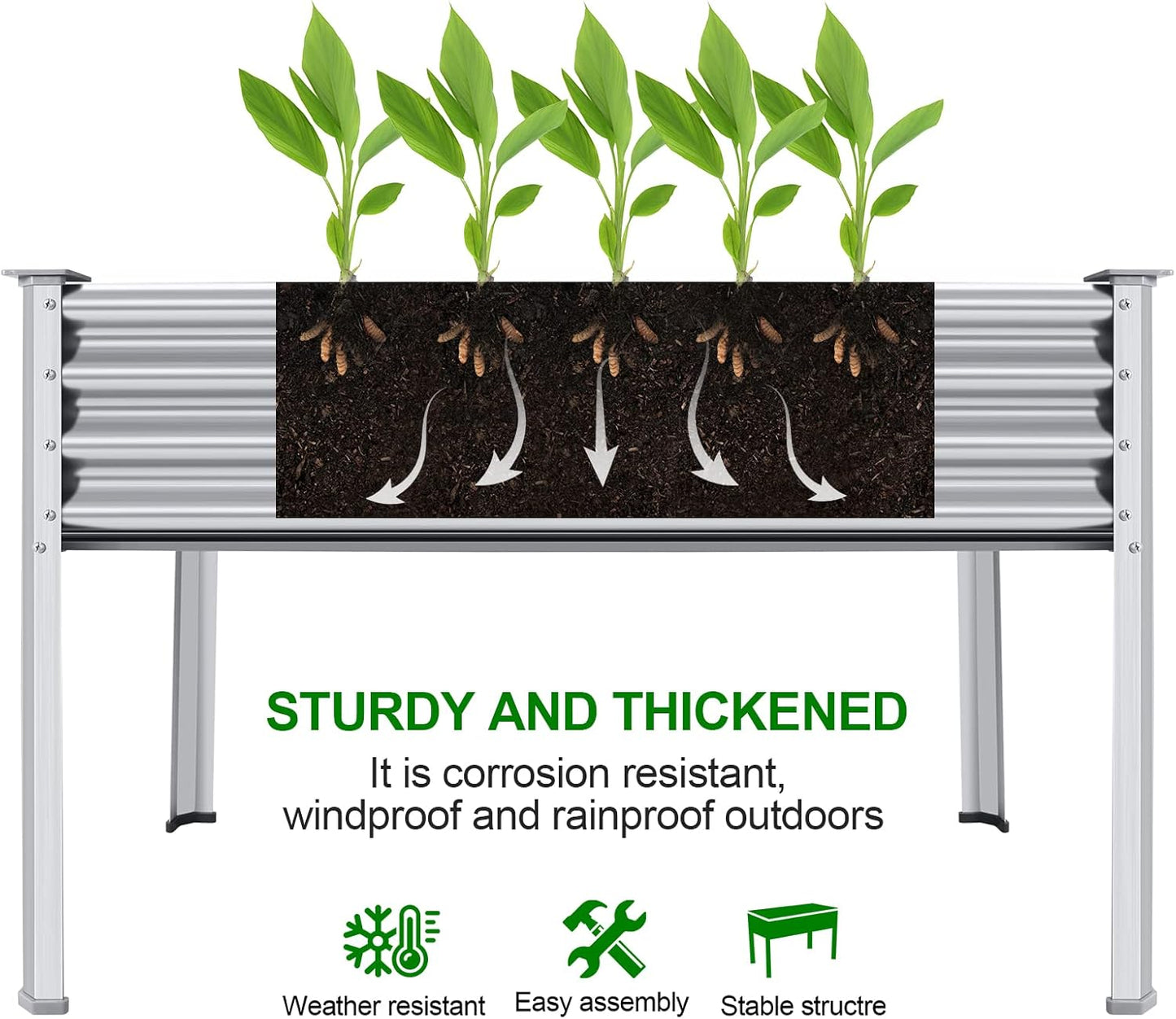 Land Guard Galvanized Raised Garden Bed with Legs, 48×24×32in Large Metal Elevated Raised Planter Box with Drainage Holes for Backyard, Patio, Balcony, 400lb Capacity
