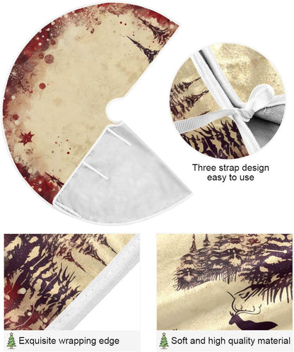 Vintage Red Elk Christmas Tree Skirt - 48 Inch Xmas Tree Mat for New Year Party Decorations