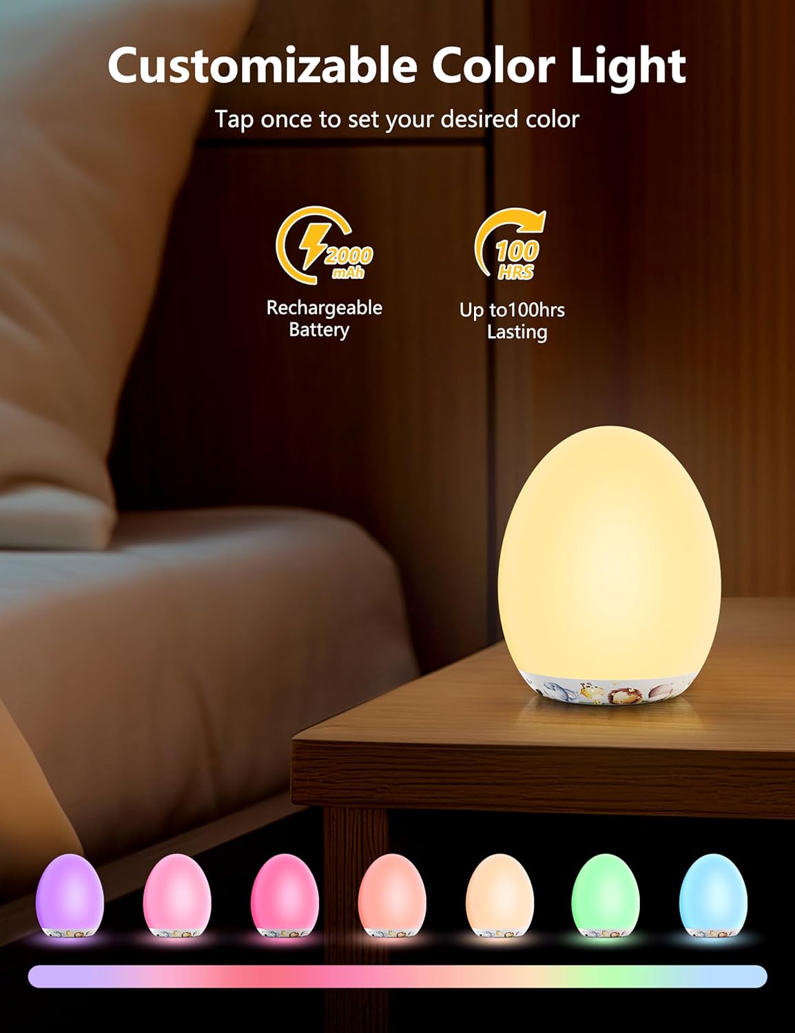 MediAcous Night Light for Kids & Babies - 7 Color LED Touch Lamp with Stepless Dimming for Nursery & Bedroom