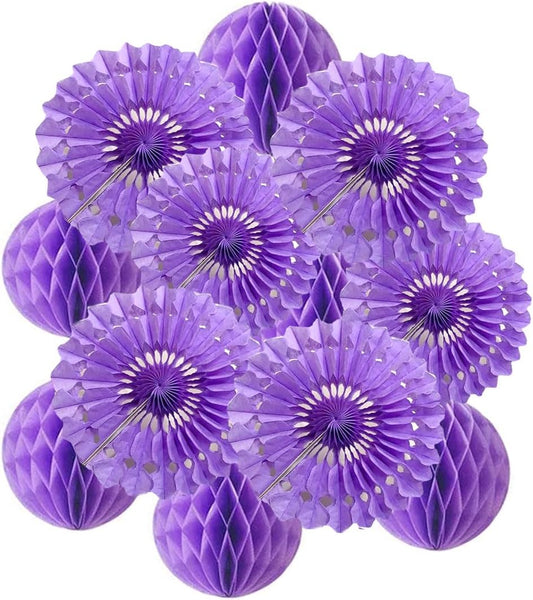 12pcs 6’’ 8’’ Honeycomb Balls Tissue Paper Fans Party Honeycomb Ball Fans Wall Tissue Pom Poms Flower Balls Hanging Paper Fans for Party Baby Shower Birthday Wedding Nursery Wall Decor(Purple kit)