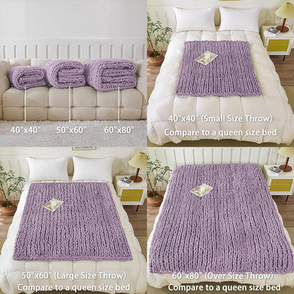 WESHIONGOO Chunky Knit Blanket Throw 50"×60" Knitted Throw Blankets for Couch Bed Fluffy Soft Blanket with Jumbo Chenille Yarn Thick 100% Handmade(Lilac)