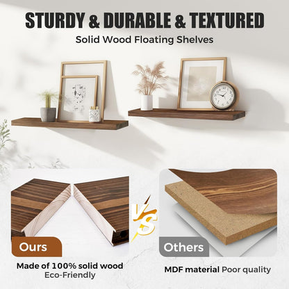 24"x6.8"x1.2" Solid Wood Floating Shelves 2-Pack - Rustic Brown Finish with Hidden Brackets, Perfect for Storage and Décor in Living Room, Kitchen, Bedroom