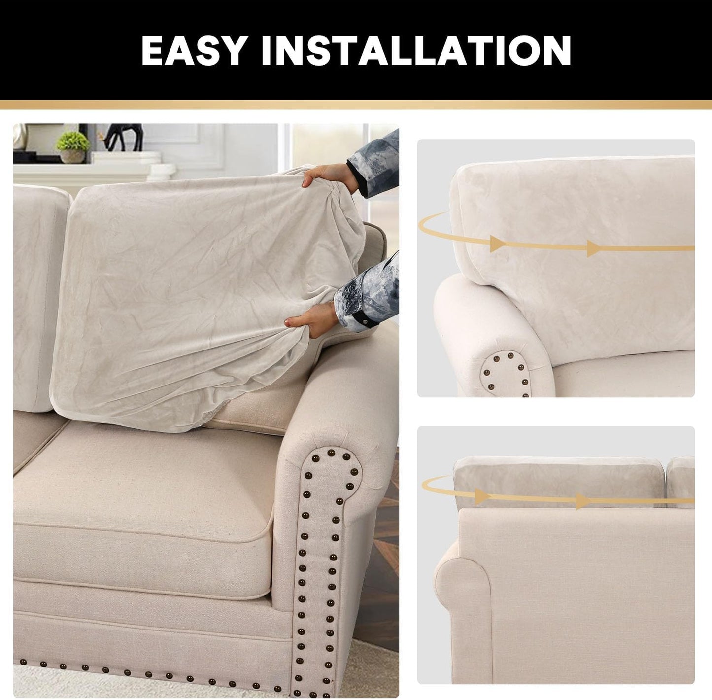 PrinceDeco Sectional Couch Covers Velvet Cushion Covers for Sectional Couch Cushion Covers for Sectional Sofa Separate Sectional Sofa Slipcovers Washable(1 Chaise Back+ 2 Sofa Back,Ivory)