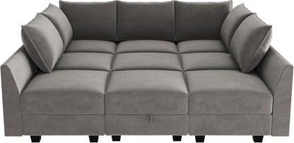 HONBAY Velvet Sectional Sofa Couch with Storage - Modular Sleeper for Living Room, Grey