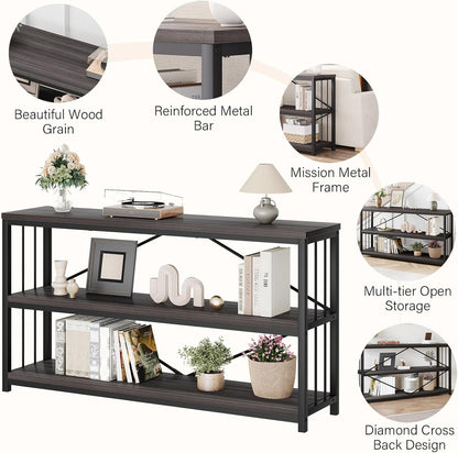 LVB Industrial Console Table, Metal and Wood Sofa Table, Rustic Entryway Table with Storage, Modern 3 Tier Shelf Long Foyer Tables Behind Couch for Home Living Room Hallway, Dark Gray Oak, 55 Inch